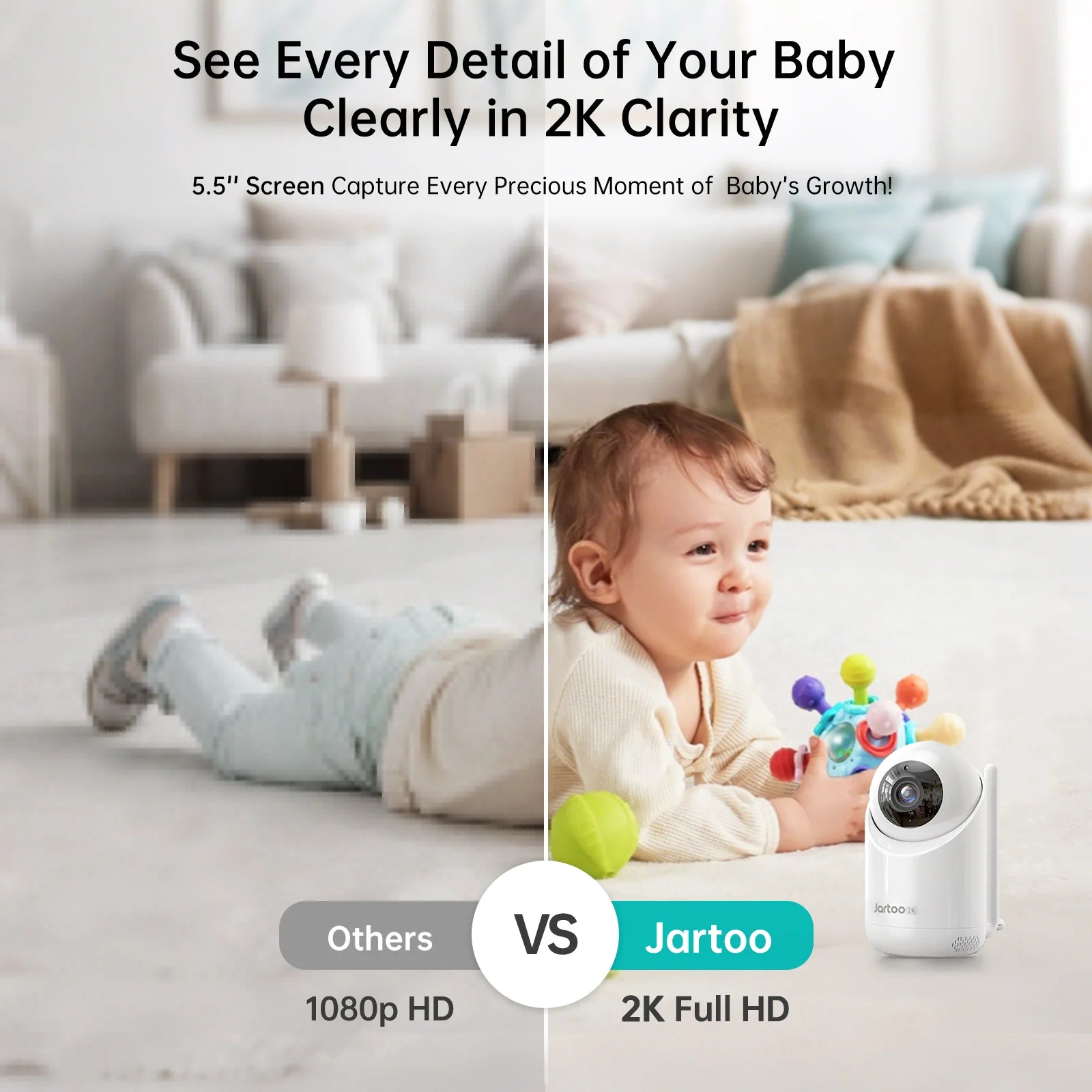 2K Video Baby Monitor, 3000Ft Long Range No Wifi Baby Monitor with 2 Cameras and Audio, 5.5" Split Display, AI Cry Detect, IR Night Vision, 2-Way Audio, 6000Mah